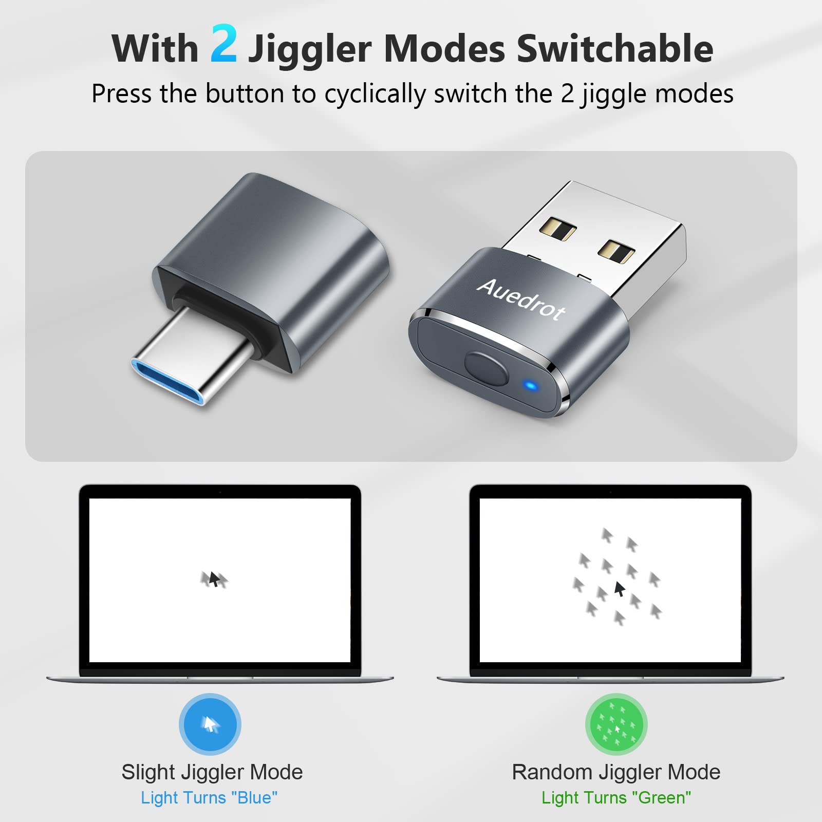Mouse Jiggler Undetectable Metal USB Mouse Mover with Switch Button, Automatic Mini Mouse Shaker with 2 Jiggle Modes, Driver-Free, Plug & Play, Keep Computer/Laptop Awake, with USB-C Adapter, Gray