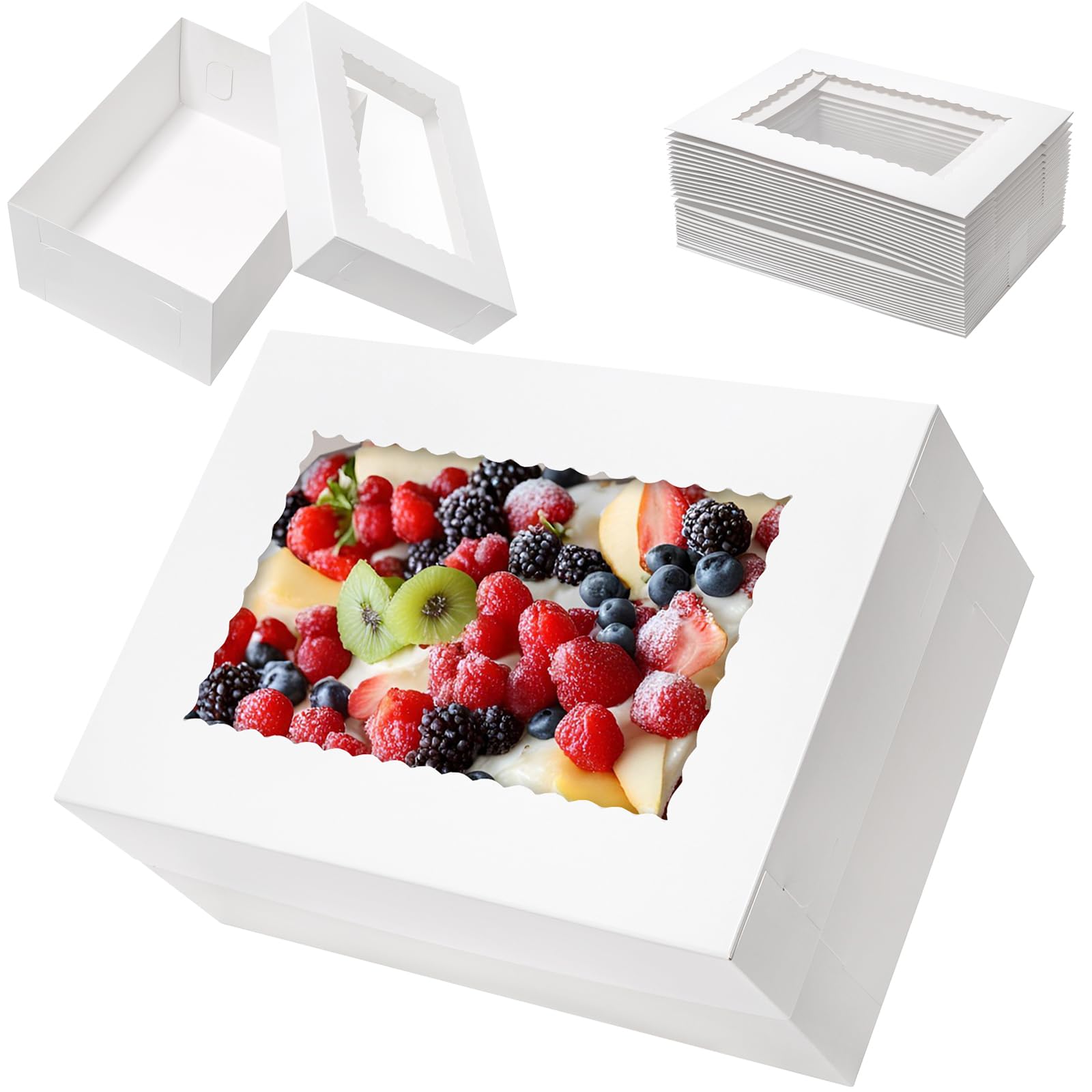Photo 1 of Mefleet 10pcs 14x10x6 Cake Boxes with Window Rectangle Quarter Sheet Bakery Boxes for Pastry Baking Cake, Cupcakes, Donuts, Cookies, Pie Treat Packaging White Large