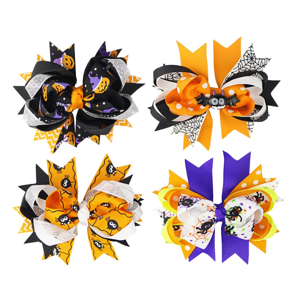 Lurrose 4Pcs Halloween Hair Bow Clips, Grosgrain Ribbon Alligator Clips Halloween Hair Bows Accessories for Cosplay Costume Holiday Photo Prop