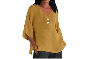 SMIDOW Women's Plus Size 3/4 Sleeve Solid Plain Tops Cotton Linen Shirts Blouse Side Slit Cutting Hide Belly Shirts