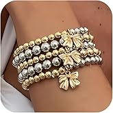 HUASAI Gold Bracelet Stack for Women Beaded Cross Pearl Bow Bracelet Non Tarnish Chunky Stretch Paperclip Chain Bracelets Set Trendy Jewelry Gifts Easter Basket Stuffers
