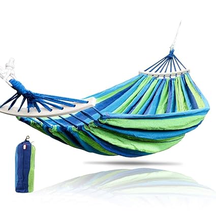 Jukkre Canvas Fabric Hammocks Striped Ultralight Outdoor Beach Swing Bed with Strong Rope for