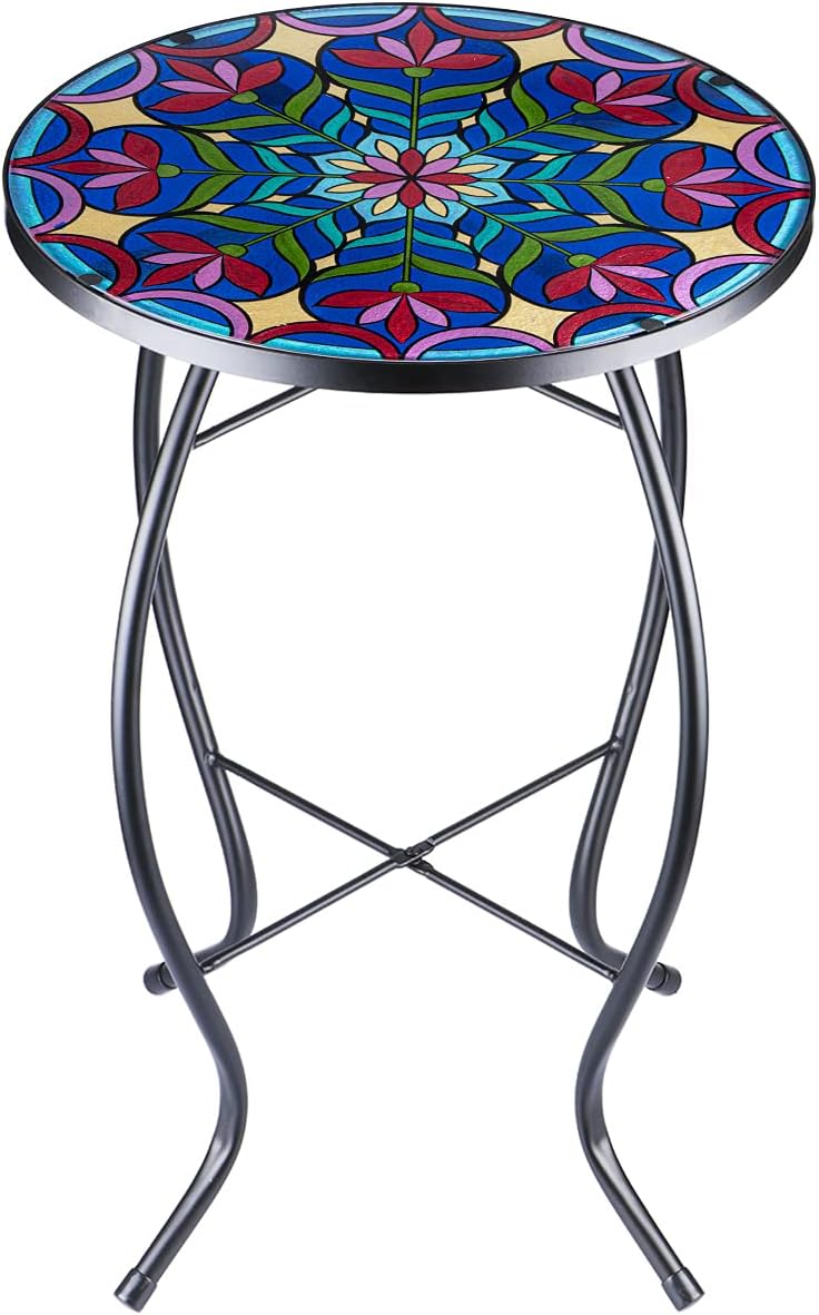 Outdoor Side Table Mosaic End Table Patio Side Table Small End Table Glass Top Round Balcony Coffee Table Porch Indoor Glass Top : Garden & Outdoor