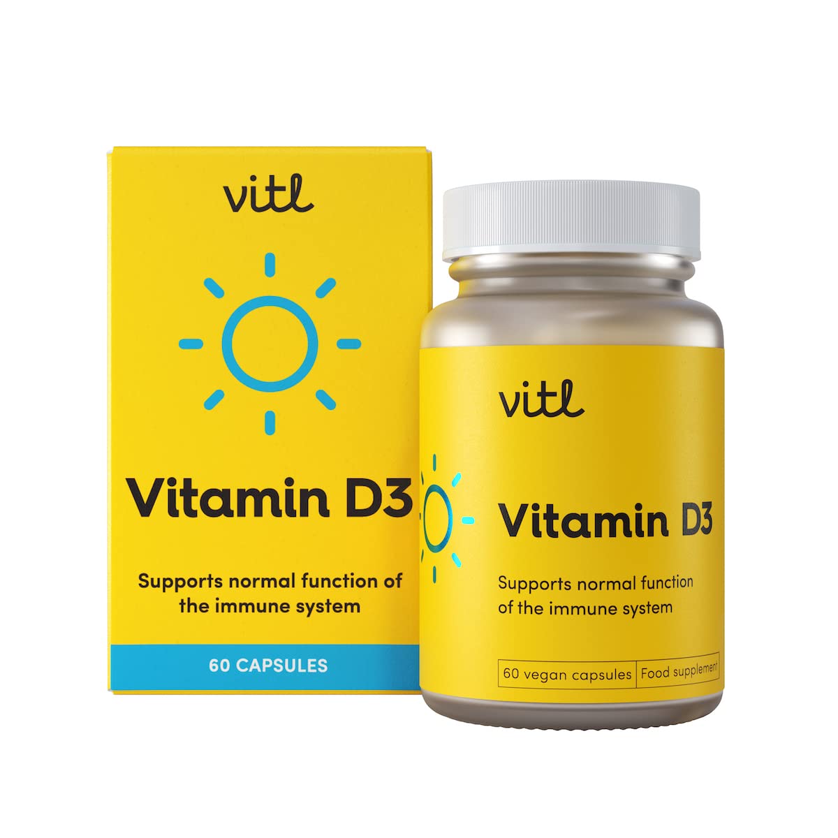 Vitl Vitamin D3 Supplement - 60 Vegan Softgel Capsules - Support for The Immune System, Bones & Joints, Teeth, Muscles and Heart - 2 Month Supply