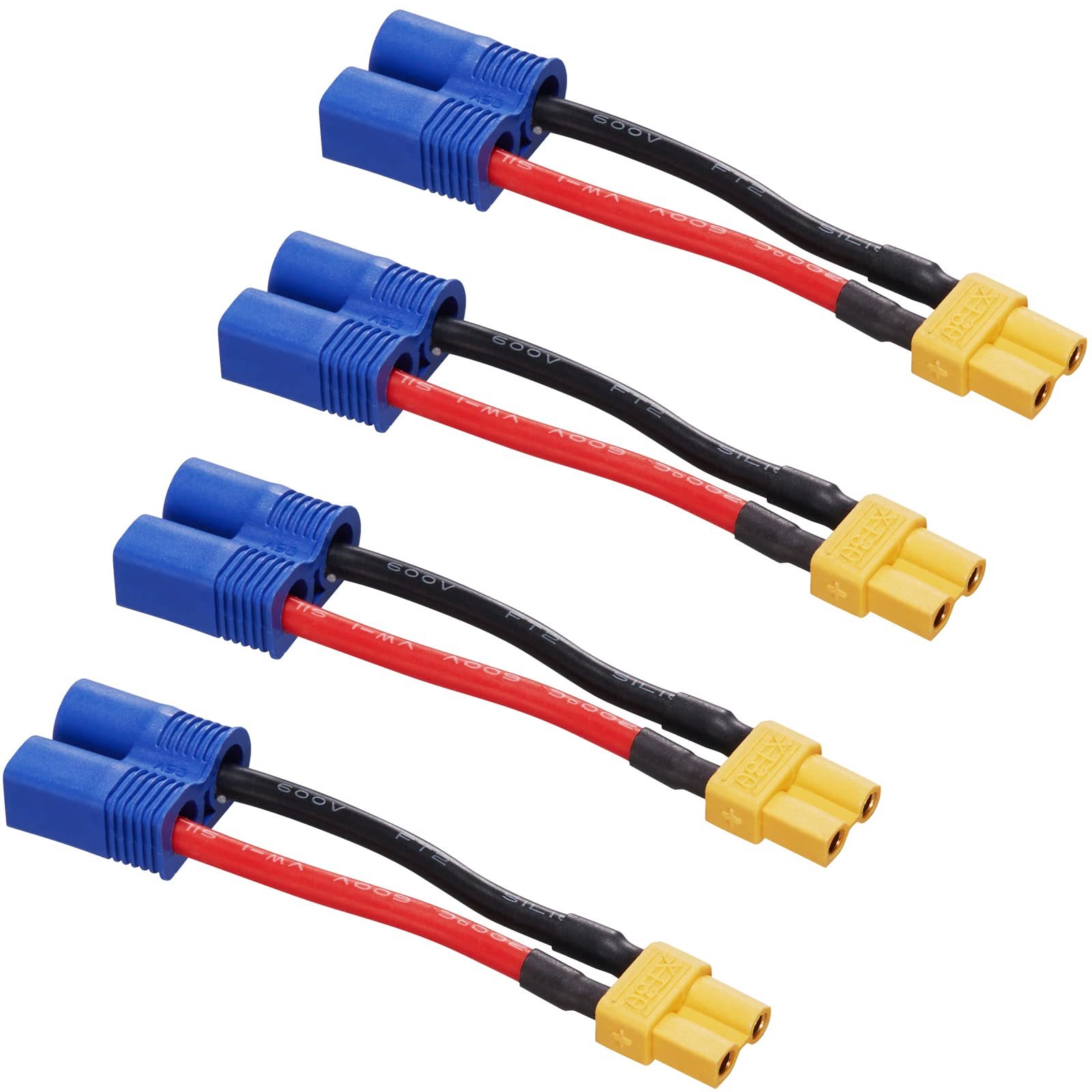 ZHOFONET EC3 Male to XT30 Female Connector Adapter, 4 Pieces EC3 to XT30 Extension Cable with 5 cm 16WAG Silicone Cable for RC Drone LiPo Battery