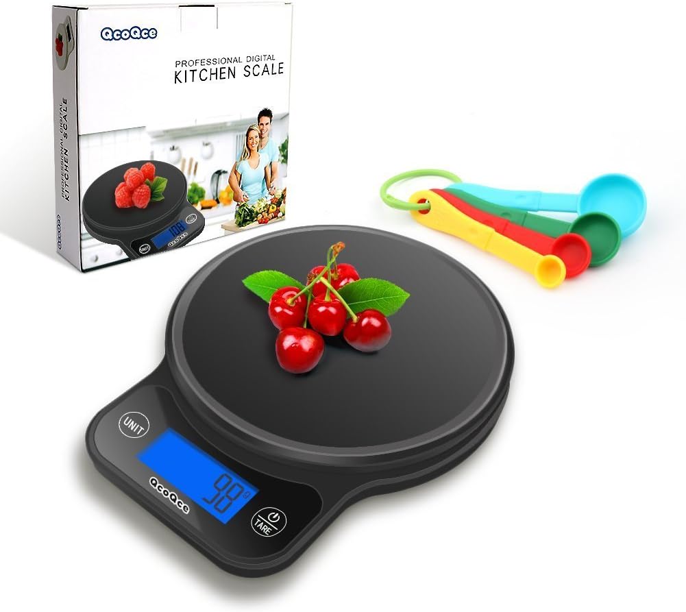 Digital Kitchen Scale by QcoQce, Baking Scale Accurate to 0.04oz - 11lb 5K Cooking Scale with LCD Display, Measuring Spoon, 3 AAA Batteries Kitchen Accessories(Black)