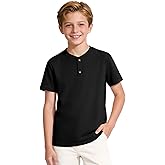 Auranso Boys Henley Short Sleeve Shirts Kids Cotton Casual T-Shirt Button Front Solid Tops Tees Summer Clothes
