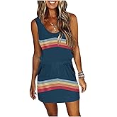 ETCYY NEW Womens Summer Striped Dresses Casual Sleeveless T Shirt Dress Drawstring Waist Sundress with Pockets