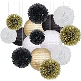 zilue Black Gold Party Decorations, Black Gold Paper Lanterns and Pom Poms Flowers for Birthday Graduation Masquerade New Years Party Decor 15 Pieces