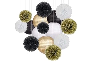 zilue Black Gold Party Decorations, Black Gold Paper Lanterns and Pom Poms Flowers for Birthday Graduation Masquerade New Years Party Decor 15 Pieces