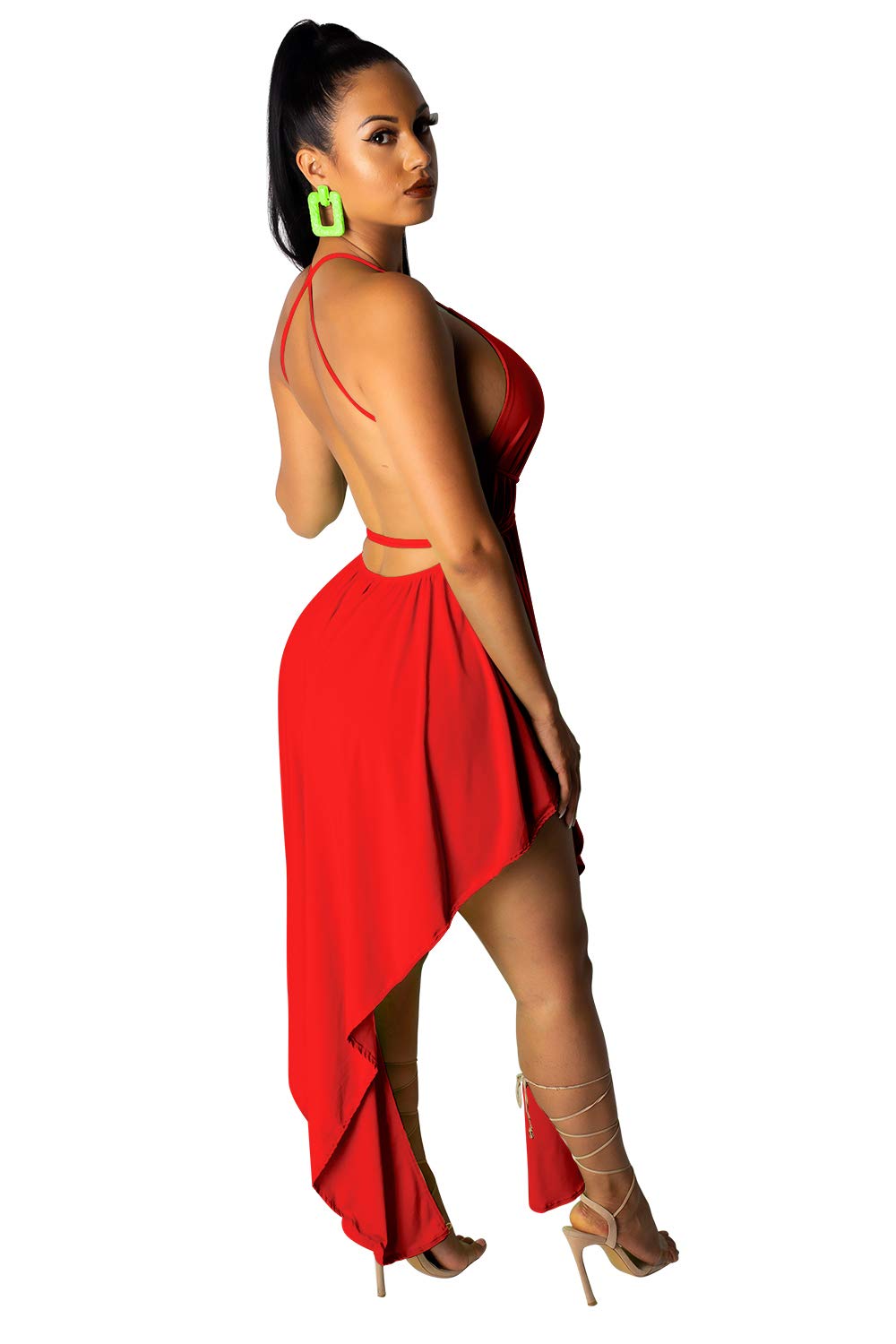 Uni Clau Women Asymmetrical Dress - Sexy V Neck Spaghetti Strap High Low Backless Cocktail Midi Dresses Red