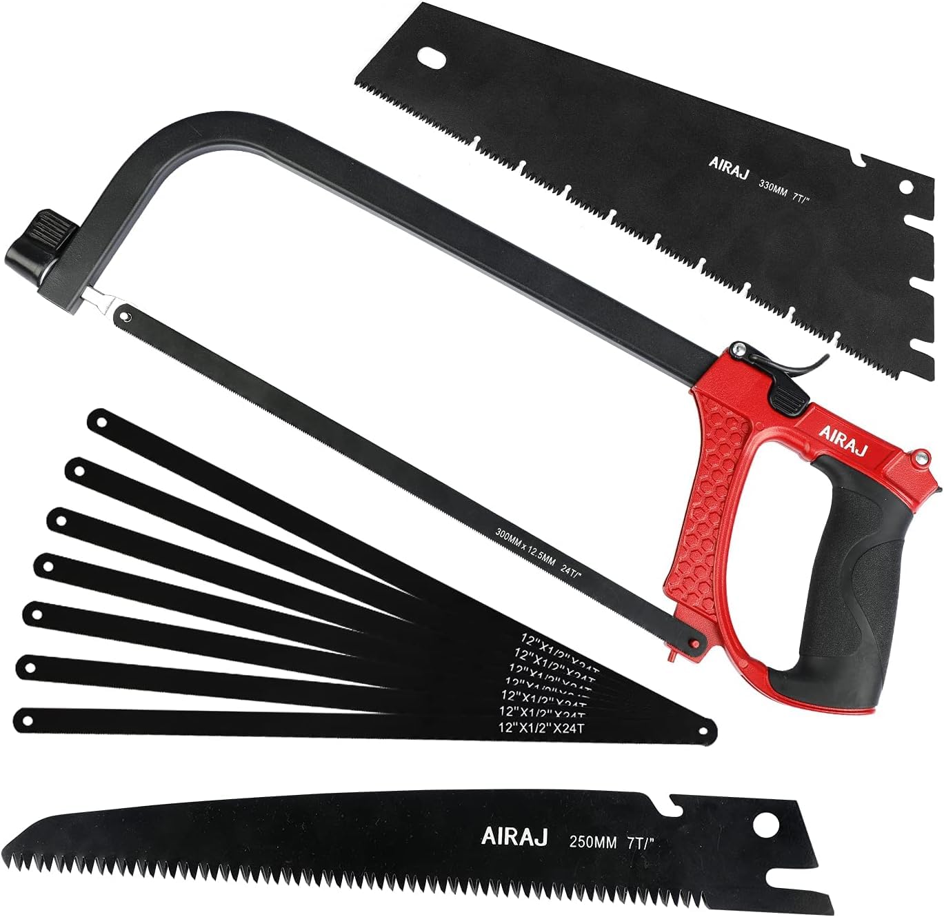 AIRAJ Hacksaw Set, Multifunctional Hacksaw with 7 Extra Steel Saw Blades and 2 Hand Saw Blades, Adjustable Frame, Hacksaw Frame for Cutting Metal Wood PVC Pipe