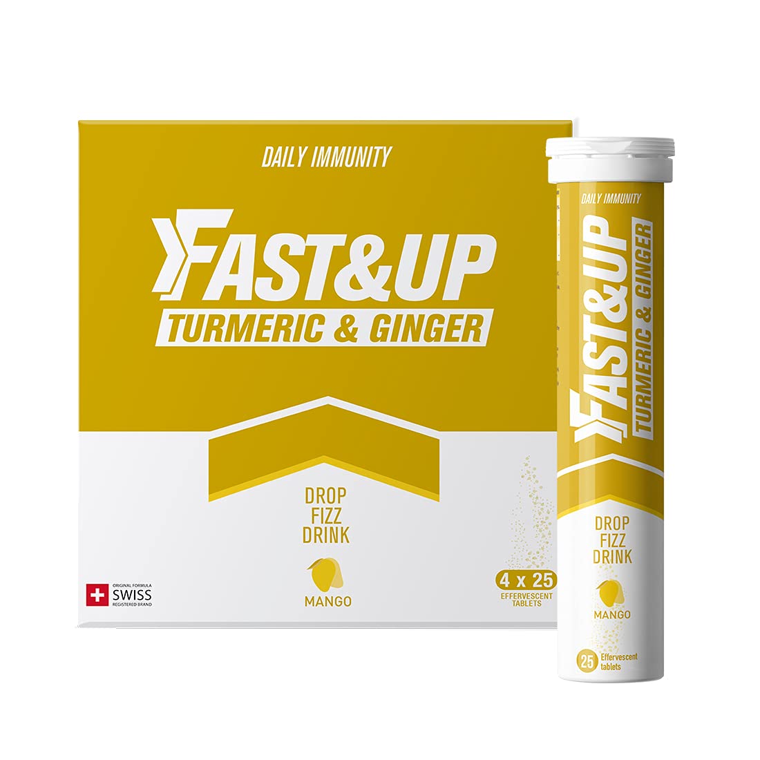 Fast&Up Turmeric & Ginger - Natural Curcumin, Super Herbs - Zinc, Ginger & Black Pepper - 100 Effervescent Tablets (4 X 25) - Saver Multipack - Mango Flavour