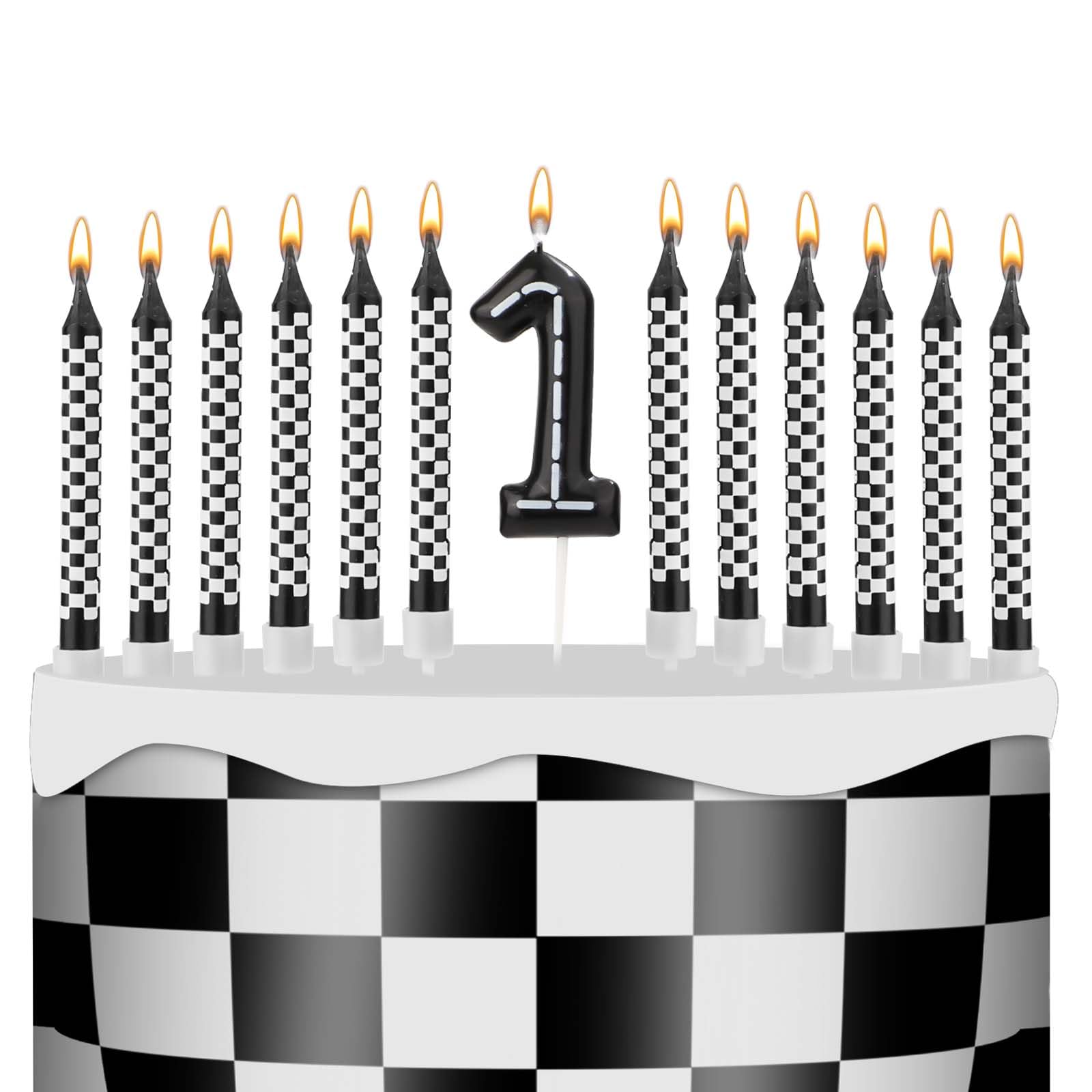 Photo 1 of 13pcs Racing Cars Themed Birthday Candles, Black and White Checkered Race Car Candles Birthday Cake Numeral Candle Cake Topper for Party Decoration Baby Shower Party Supplies (Number 1)