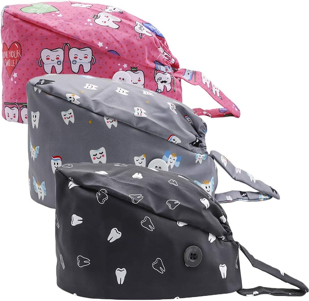 CHUANGLI 3Pcs Gourd-Shaped Working Caps with Upgrade Sweatband Adjustable Hats Head Cover- Women/Men (B08# Tooth Black Grey Pink): Clothing