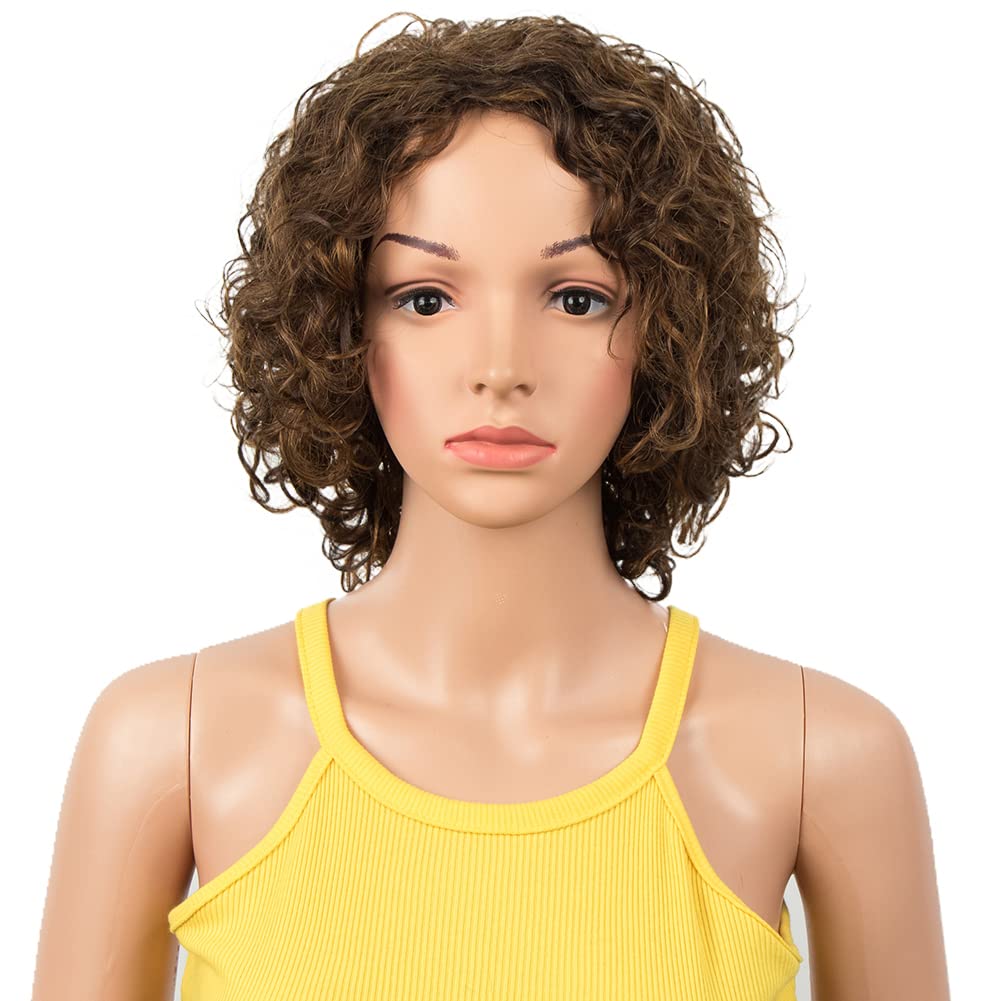 DÉBUT Short Bob Wigs with Air Bangs Short Curly Wavy Human Hair Bob Wigs for Women 10 inches 120g 130% Density (10 inches, auburn brown)
