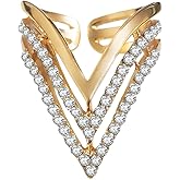 Aloluo Layered V Shaped CZ Statement Ring for Women Gold Plated Cubic Zirconia Expandable Adjustable Boho Finger Rings Comfort Fit Dainty Birthday Wedding Cocktail Party Jewelry Gifts
