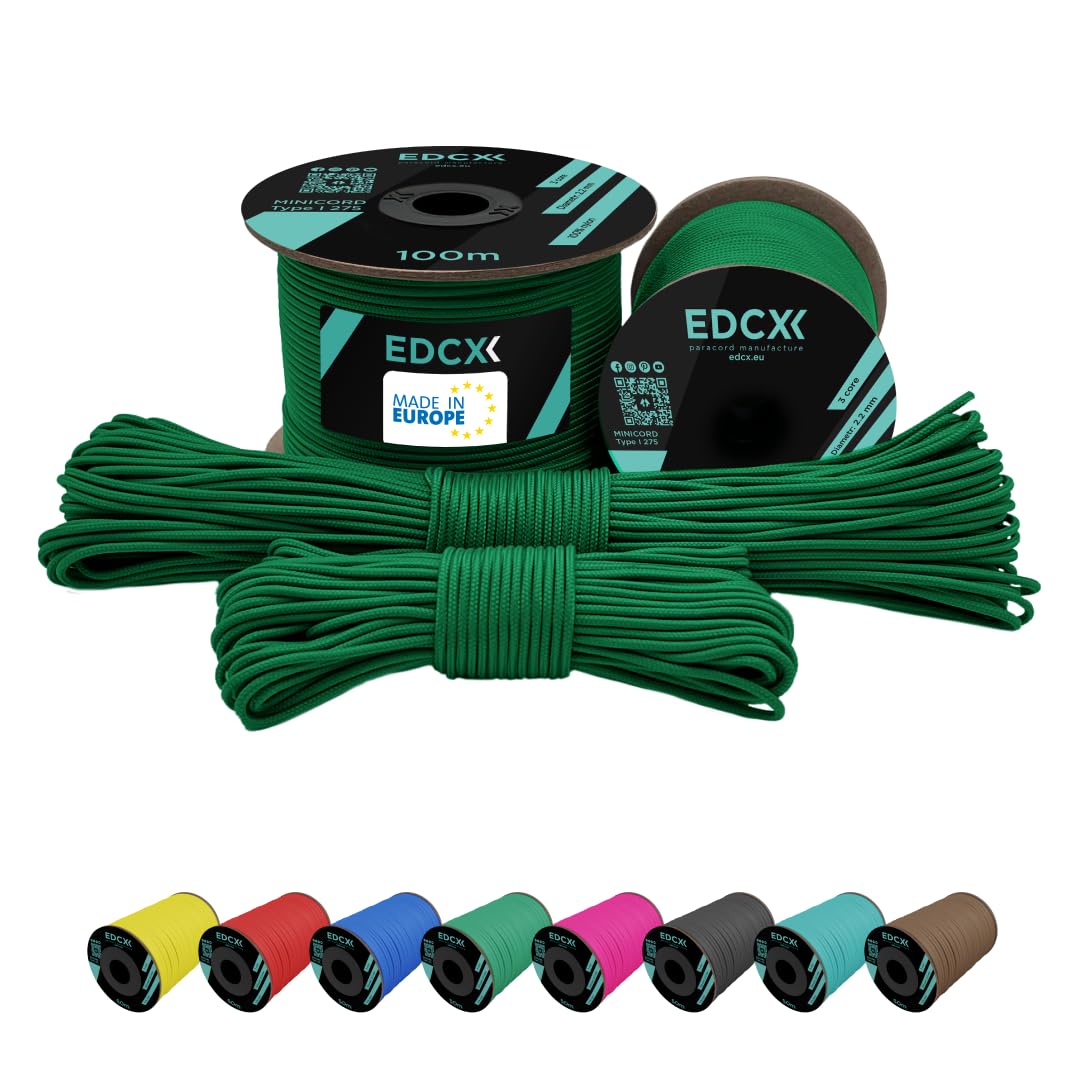 EdcX 2 mm Nylon Paracord 275 (15, 30, 50 and 100 m)– 100% Nylon rope, 3-Strand cord, Nylon cord 2 mm in Many Colours (Green, 30 m)