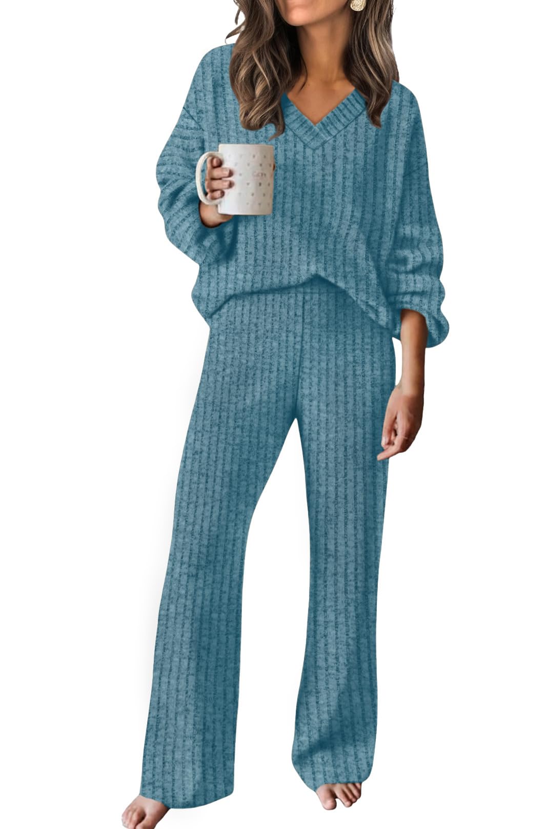 RUMIA Two Piece Sets for Women Loose Fit Fall Outfits Comfy Sweater Lounge Sets Going Out Airport Outfits Blue S Image