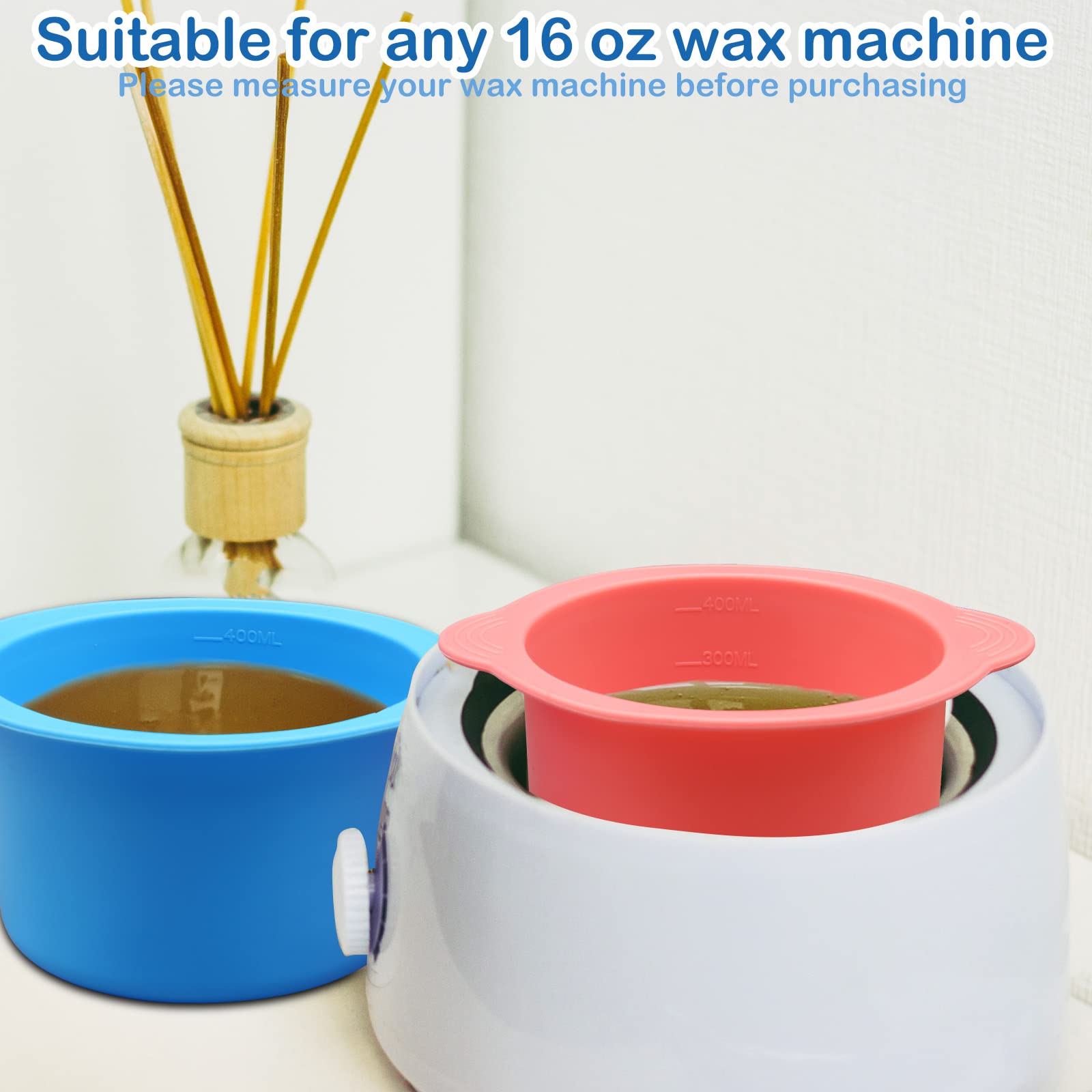 Silicone Wax Warmer Liners with Spatula Sticks - 2 Pcs Non-Stick Reusable Wax Melt Bowls for Hair Removal (Blue, Pink)