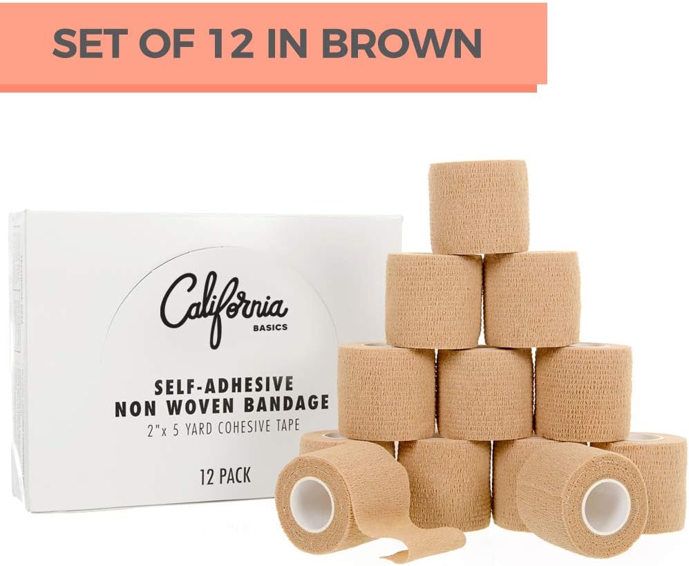 Self Adherent Cohesive Wrap Bandages (12 Pack Bundle) - 2” Wide, 5 Yards All Sports Athletic Tape | Brown Non-Woven Bandage | Breathable Wound Tape | Medical Stretch, Cover All Tape: Health & Personal Care