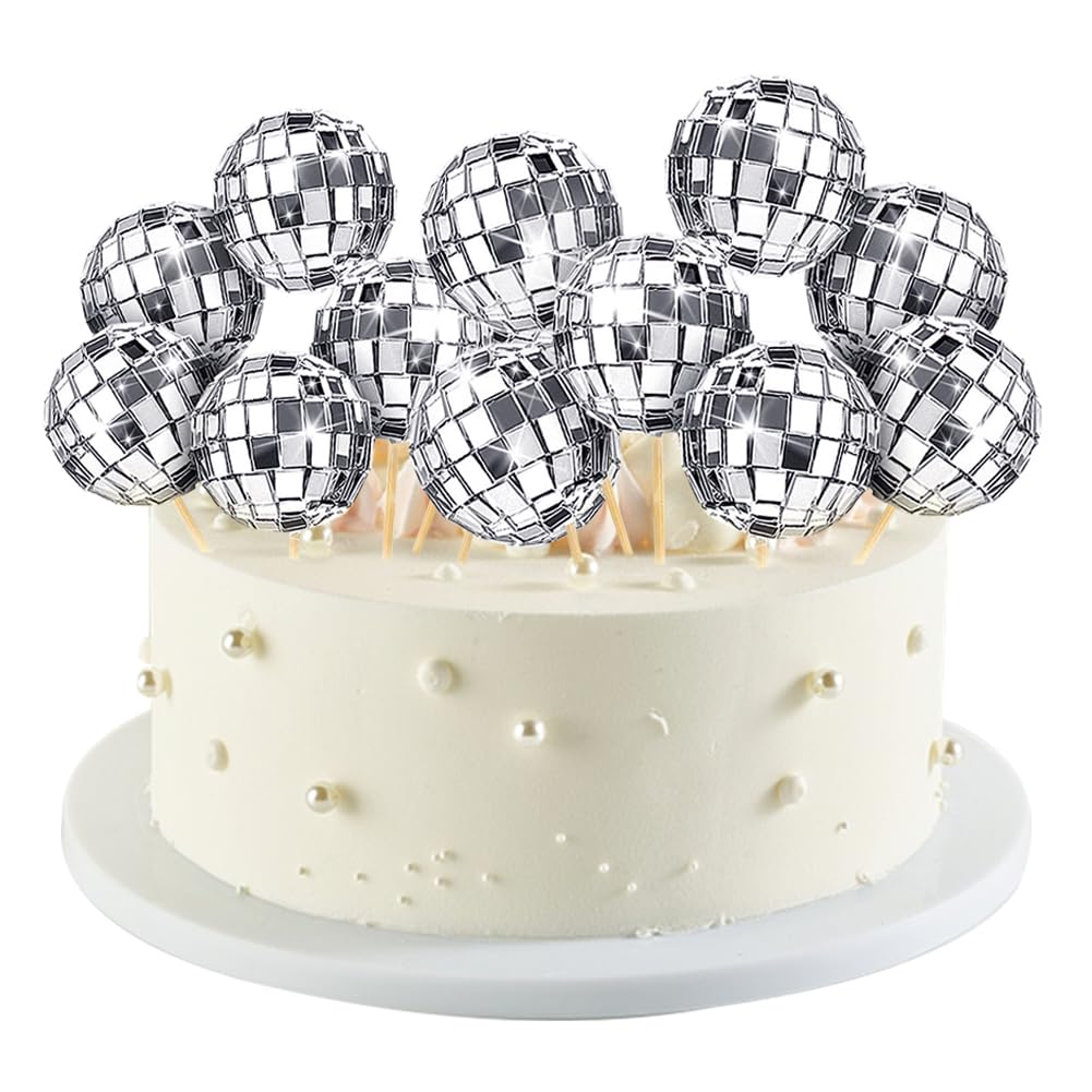 XINGPUBHD Di-sco Ball Cake Decorations, 24 PCS Di-sco Ball Cake Toppers Cupcake Toppers 1970s Di-sco Themed Cake Toppers for Di-sco Theme Accessories for 70s Theme Party Favor
