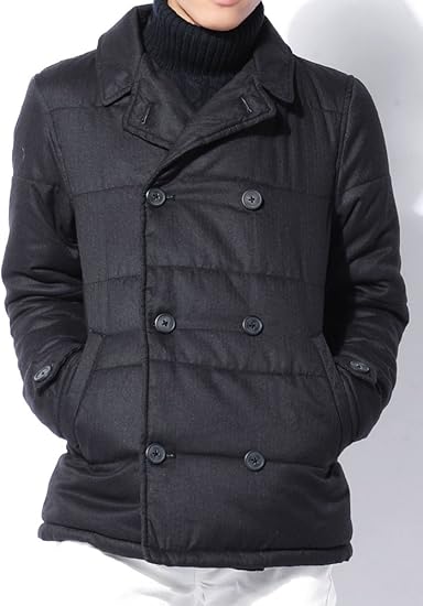 Amazon ブラック L ツィード プリント 中綿 ピーコートジャケット Pコート ピーコート ピージャケ ピージャケット ショートコート ショート丈コート ダッフル ダッフルコート コート ウールコート ジャケット メルトン フード メンズ ジーンズ チノパン チノパンツ