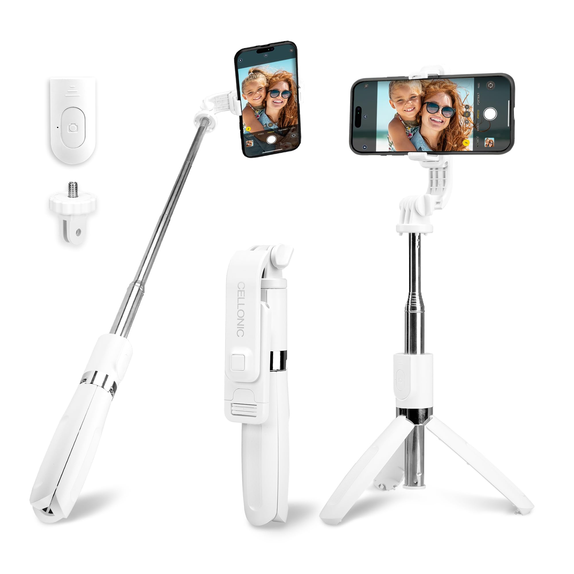 2-in-1 Selfie Stick and Tripod - 1m Long Extendable Telescopic Monopod & Folding Selfie Tripod with Bluetooth Remote Control for Phone, Camera - Compatible with iPhone, GoPro, Android & More - White