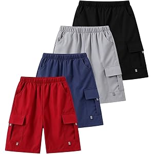Jolyshlid 4 Pack Boys Pull on Jogger Shorts Cargo Shorts with Pocket 3-14Y | Soft Stretchy Fabric, Elastic Waist and Cargo Po