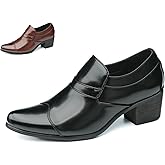 ENGEOSNGT Men's Leather Chunky Heel Slip On Dress Loafers Fashion Classic Pointed Toe Low Top Block High Heel Heightening Oxford Shoes Casual Business Wedding Prom Work Formal Shoes