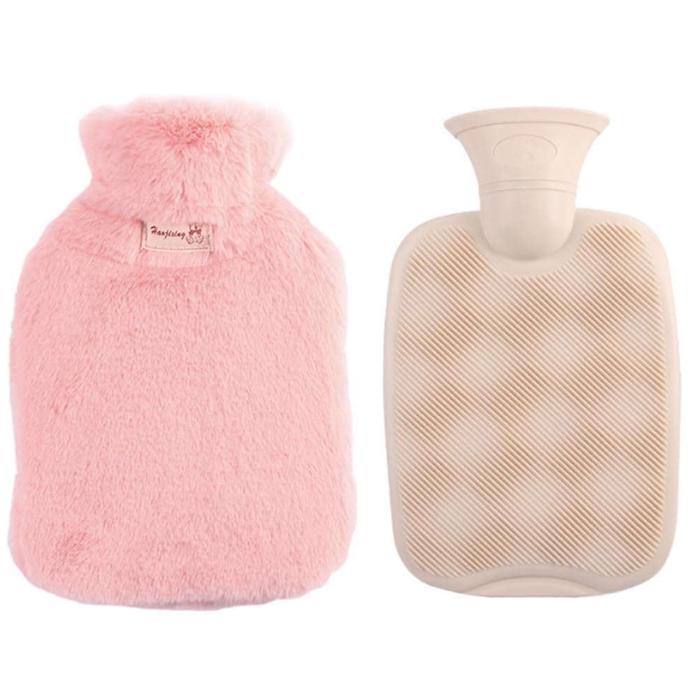 Hot Water Bottle with Furry Cover 1L Premium Natural Rubber Hot Water Bag Hand Feet Warmer Soft Fleece Cover for Pain Relief Back Neck and Shoulders Great Gift Ideal for Women Parents Children