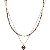 Senxilk Layered Gemstone Necklace Set – 18K Gold Plated Copper Chain with Heart Pendant & Beaded Choker with Gold Square Spacers