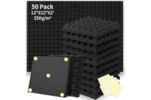Focusound 50 Packs Acoustic Foam Panels Pyramid 2" X 12" X 12", Soundproofing Foam Noise Cancelling Foam with 300 PCS Double-Side Adhesive