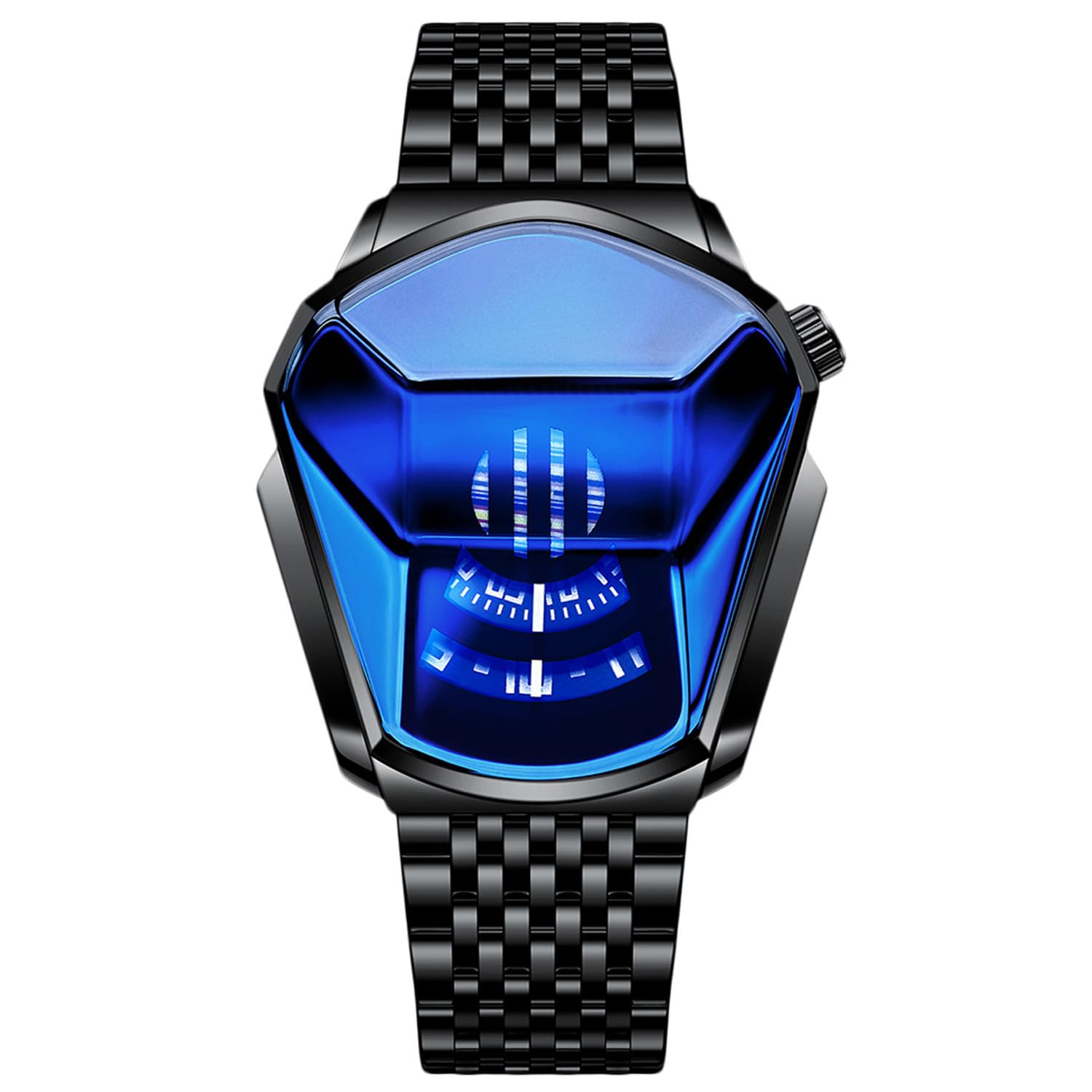 RORIOS Men's Quartz Analogue Watch in Stainless Steel, Creative Sports Strap, Blue Black B, Blue Black B, Bracelet
