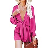 AlvaQ Rompers for Women Dressy Spring Summer Tie Knot Front Sexy V Neck Jumpsuits