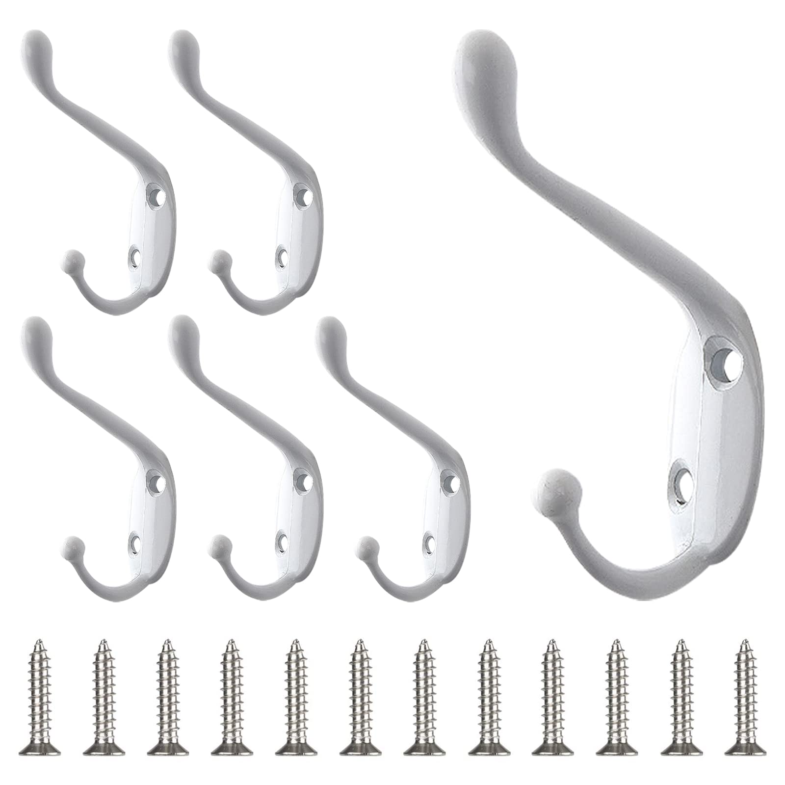 DONQL 6Pcs White Metal Coat Hooks with Screws - Heavy Duty Wall Mounted Hooks for Wall, Door & Wardrobe Door