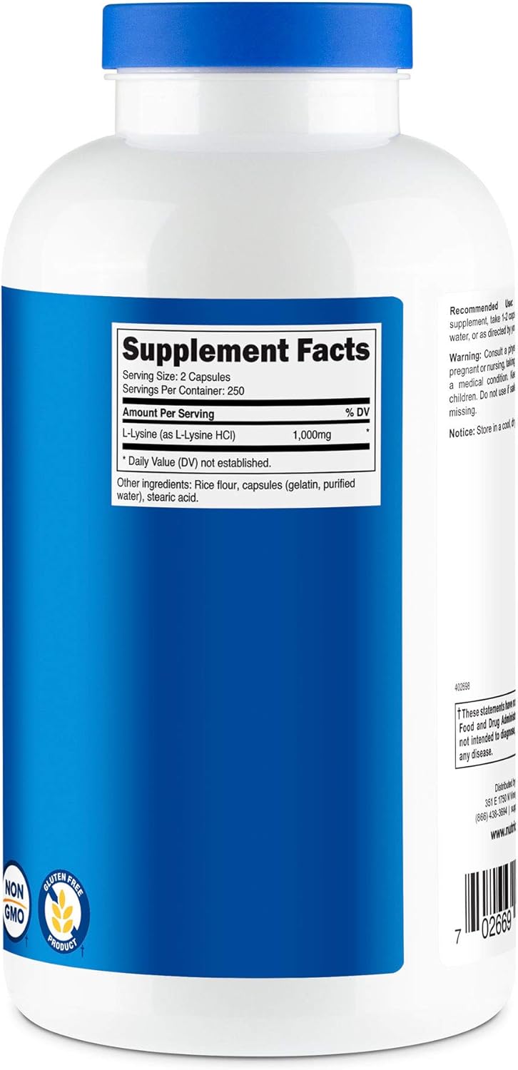 Nutricost L-Lysine 1000mg, 500 Capsules - Gluten Free, Non-GMO, 500mg Per Capsule: Health & Personal Care