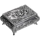 Hipiwe Vintage Jewelry Box Small Metal Trinket Box Engraved Rose for Women | Treasure Chest Case for Rings Jewelry Organizer, Antique Decor Cute Jewelry Boxes Holder, Keepsake Box Christmas Gift