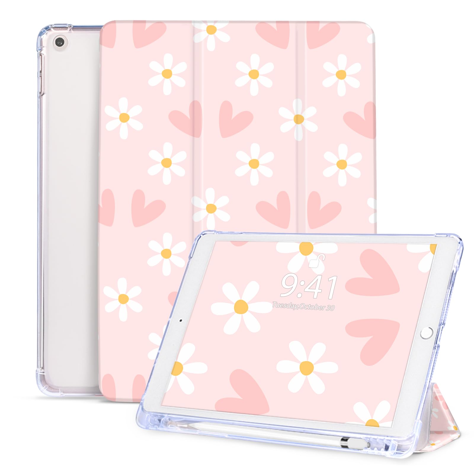 Vozehui 10.2 inch iPad 9th/8th/7th Generation Case with Pencil Holder, Tri-fold Stand Auto Sleep Wake, Shockproof Cover with Clear Back Shell