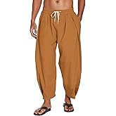 COOFANDY Men's Cotton Linen Harem Pants Drawstring Casual Cropped Trousers Lightweight Loose Beach Yoga Pants with Pockets