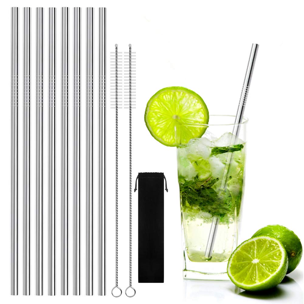 8 PCS Stainless Steel Straws, YOCZOX Reusable Metal Straws 10.5" with 2 Cleaning Brush & Pouch for 30oz Tumblers Rumblers Mugs, Smoothie, Milkshake, Cold Beverage, Cocktail & Hot Drinks