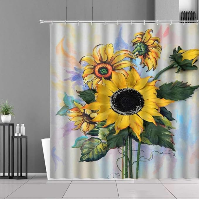 DAMCOK Badezimmer Dekor Sonnenblumendruck Duschvorhang Retro