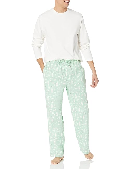 Amazon Essentials Men's Flannel Pant and Long-Sleeve T-Shirt Pajama Set, Mint Green Forest Animals, 3X-Large Big
