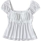 Floerns Girl's Ruched Ruffle Bow Lace T Shirt Puff Short Sleeve Square Neck Summer Tee Tops