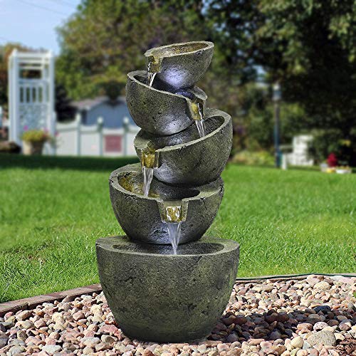 xpiyaer Indoor/Outdoor 5 Tier Bowls Floor Water Fountain 23 3/5" High Cascading Bowls LED for Yard Garden