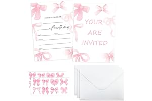 12 PCS Birthday Party Invitations with Envelopes Pink Bow Invitation Cards and Stickers for Girls Boys Kids Party Decorations
