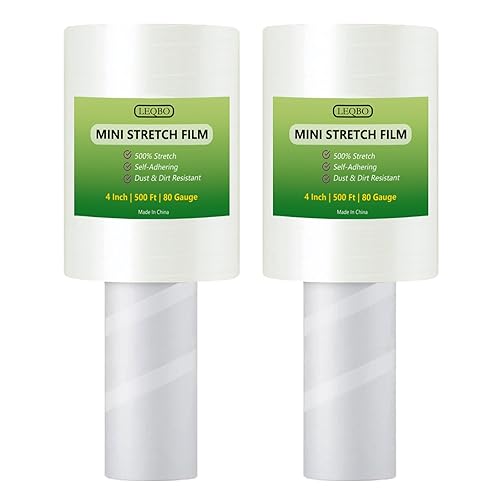 Mini Stretch Wrap Film, 4 Inch x 500 ft 80 Gauge, Industrial Strength, Clear Shrink Wrap for Pallet Wrapping with Handle, Durable Self-Adhering for Moving & Packaging, Tear Resistant, 2 Rolls