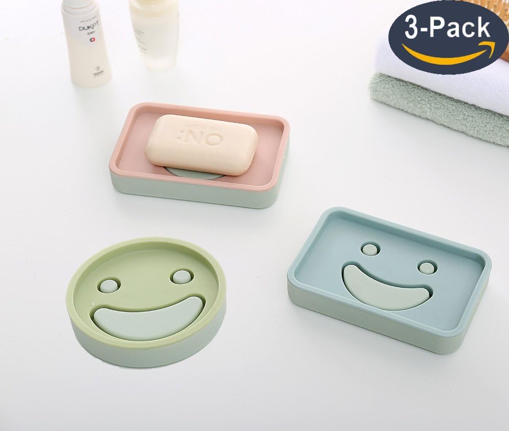 Microbird [3 PACK] Smile Soap Box Dish, Durable Plastic Soap Container,Slotted Drain Design for shower kitchen bathroom with lid and drain