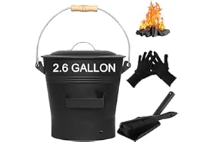 JCLMER Fireplace Ash Bucket with Lid Shovel, Hand Broom and Gloves, 2.6 Gallon Charcoal Wood Fire Pits Burning Stoves, Coal/Large Pellet Metal Buckets/Hot Wood Carrier Pail Fire Pits Ash Can Cleaning Tools