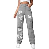 Floerns Women's Ripped High Waisted Butterfly Print Jeans Wide Leg Long Denim Pants